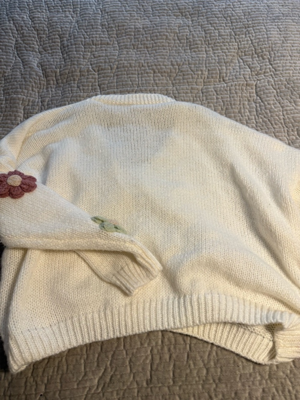 ARULA Cream V-Neck Cardigan with Multicolor Flower Appliqués - Picture 5 of 6